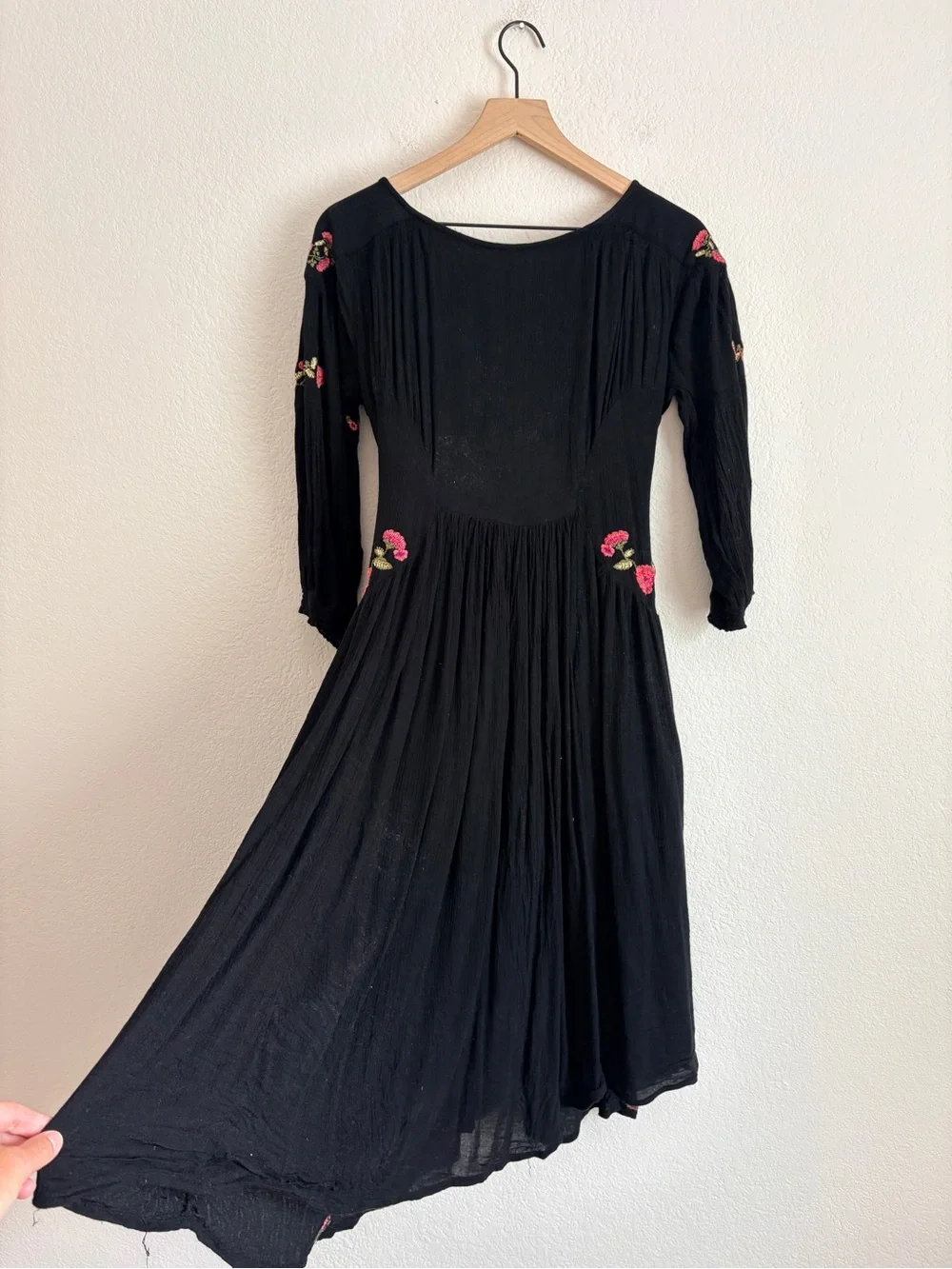 Free People Day Flow Black Floral Embroidered Midi Dress